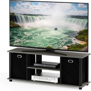 Furinno SIMPLISTIC TV Stand, 3-Tier Entertainment Center, Open Shelf TV Console for TV up to 33 Inch with Bin Drawers, for Living Room, Bedroom, French Oak(French Oak Grey/Black/Black)