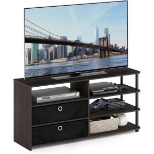 Furinno SIMPLISTIC TV Stand, 3-Tier Entertainment Center, Open Shelf TV Console for TV up to 33 Inch with Bin Drawers, for Living Room, Bedroom, French Oak(Walnut/Black)