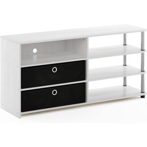 Furinno SIMPLISTIC TV Stand, 3-Tier Entertainment Center, Open Shelf TV Console for TV up to 33 Inch with Bin Drawers, for Living Room, Bedroom, French Oak(White Oak)