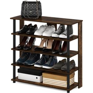 Furinno Turn-N-Tube Multi Storage Shoe Rack, 35.2″W 6-Tier, French Oak Grey/Black(Amber Pine/Black)