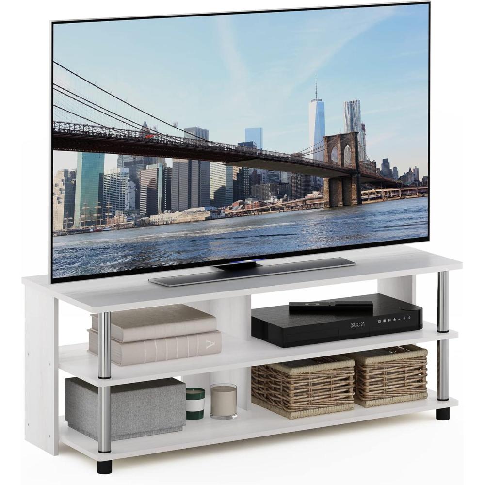 imageFurinno BEGINNING TV Stand 2Tier Entertainment Center with Open Shelf TV Console for TV up to 36 Inch for Living Room Bedroom French OakWhite OakStainless Steel