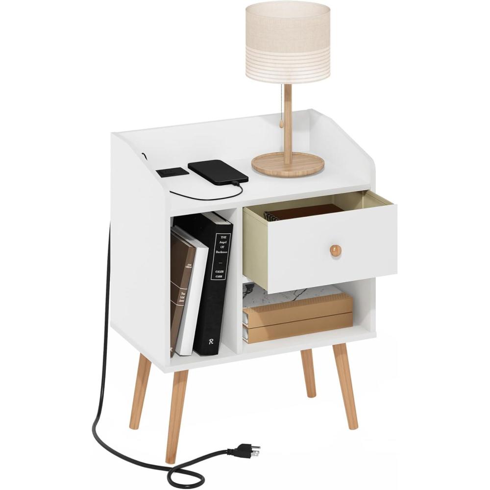 imageFurinno JUST Side Table Set of 2 3Tier Modern End Table with Charging Station Open Shelf Night Stand Bedside Table with USB and TypeC Charging Port for Living Room Bedroom Amber PineWhite