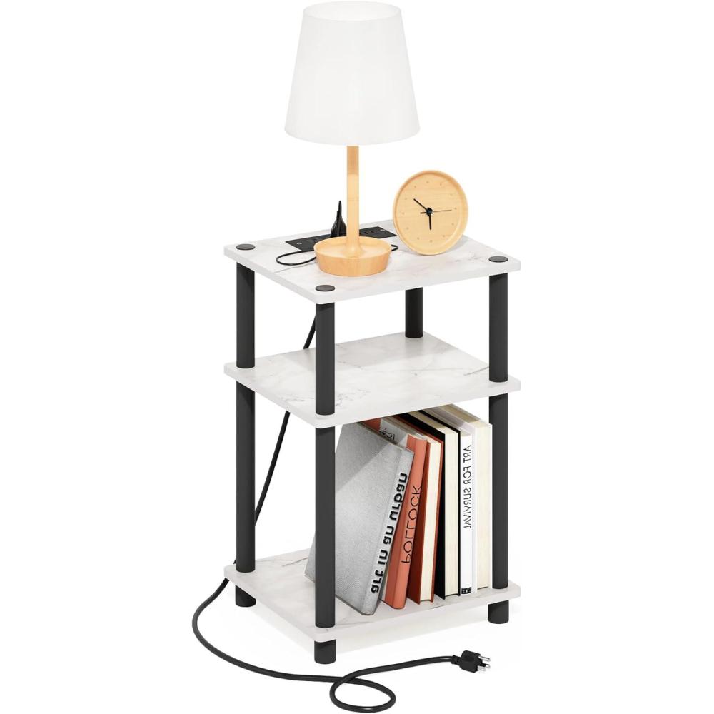 imageFurinno JUST Side Table Set of 2 3Tier Modern End Table with Charging Station Open Shelf Night Stand Bedside Table with USB and TypeC Charging Port for Living Room Bedroom Amber PineMarble WhiteBlack