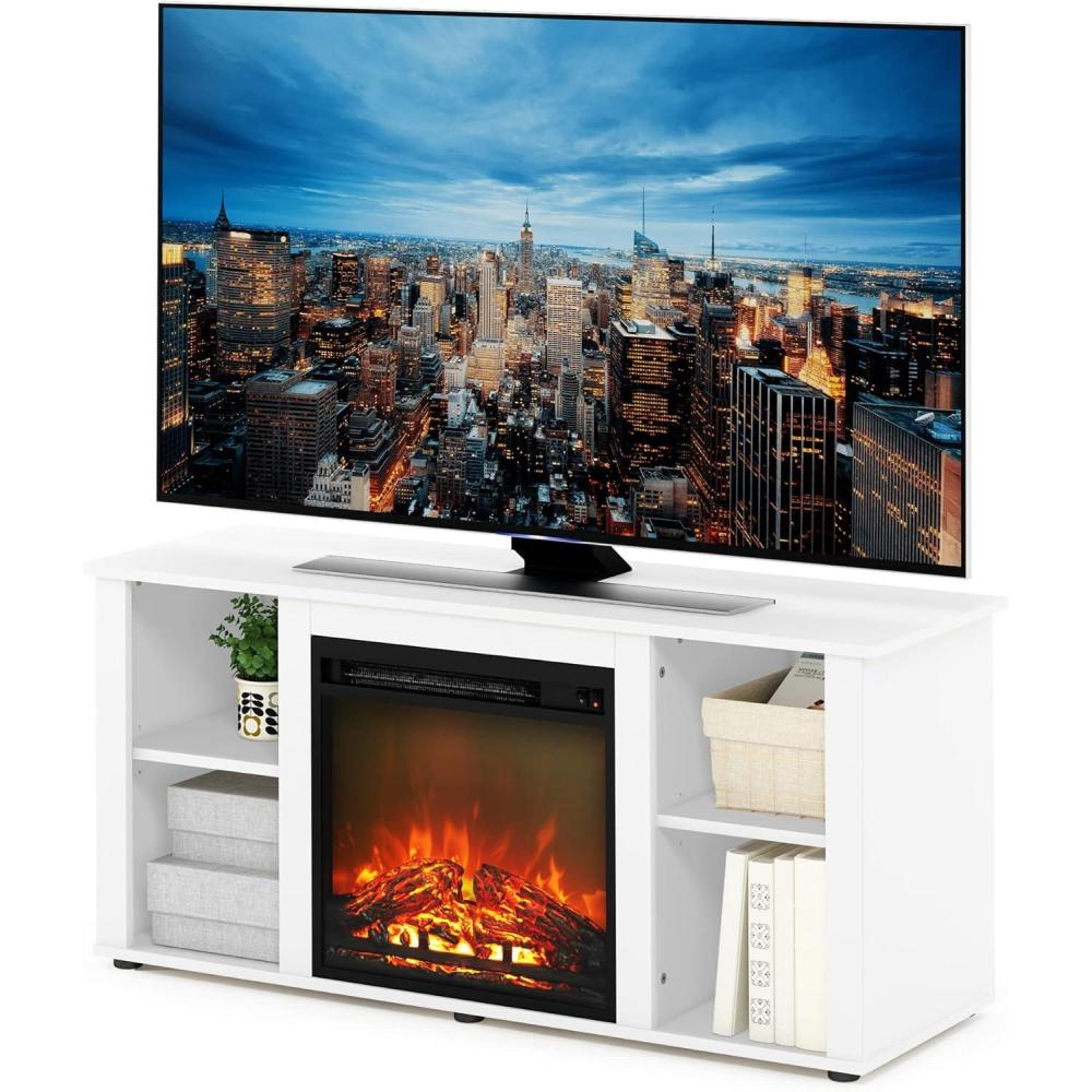 imageFurinno Jensen Entertainment Center Stand with Fireplace for TV up to 55 Inch Corded Electric WhiteSolid White