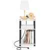 Furinno JUST Side Table Set of 2, 3-Tier Modern End Table with Charging Station, Open Shelf Night Stand, Bedside Table with USB and Type-C Charging Port, for Living Room, Bedroom, Amber Pine(Marble White/Black)