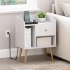 Furinno JUST Side Table Set of 2, 3-Tier Modern End Table with Charging Station, Open Shelf Night Stand, Bedside Table with USB and Type-C Charging Port, for Living Room, Bedroom, Amber Pine(White)