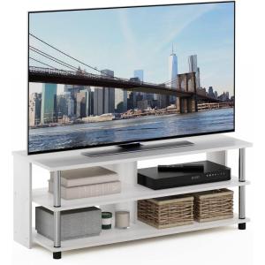 Furinno BEGINNING TV Stand, 2-Tier Entertainment Center with Open Shelf, TV Console for TV up to 36 Inch, for Living Room, Bedroom, French Oak(White Oak/Stainless Steel)