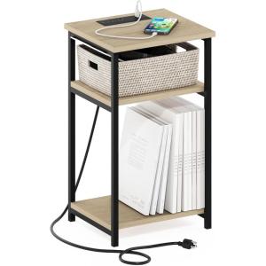 Furinno JUST Side Table Set of 2, 3-Tier Modern End Table with Charging Station, Open Shelf Night Stand, Bedside Table with USB and Type-C Charging Port, for Living Room, Bedroom, Amber Pine(Bauhaus Oak)