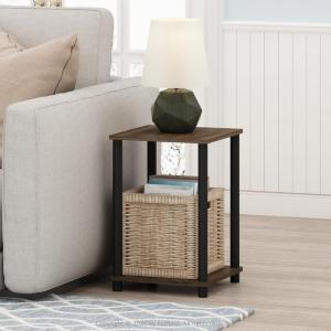 Furinno JUST Side Table Set of 2, 3-Tier Modern End Table with Charging Station, Open Shelf Night Stand, Bedside Table with USB and Type-C Charging Port, for Living Room, Bedroom, Amber Pine(Black Walnut/Brown)