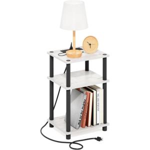 Furinno JUST Side Table Set of 2, 3-Tier Modern End Table with Charging Station, Open Shelf Night Stand, Bedside Table with USB and Type-C Charging Port, for Living Room, Bedroom, Amber Pine(Marble White/Black)