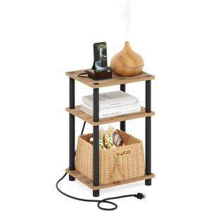 Furinno JUST Side Table Set of 2, 3-Tier Modern End Table with Charging Station, Open Shelf Night Stand, Bedside Table with USB and Type-C Charging Port, for Living Room, Bedroom, Amber Pine(Flagstaff Oak/Black)