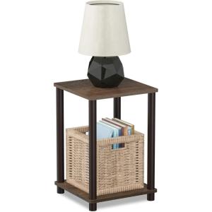 Furinno JUST Side Table Set of 2, 3-Tier Modern End Table with Charging Station, Open Shelf Night Stand, Bedside Table with USB and Type-C Charging Port, for Living Room, Bedroom, Amber Pine(Walnut/Brown)