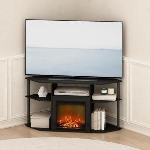 Furinno Jensen Entertainment Center Stand with Fireplace for TV up to 55 Inch, Corded Electric, White(Dark Americano/Black)