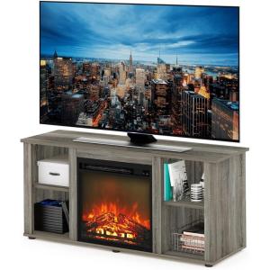 Furinno Jensen Entertainment Center Stand with Fireplace for TV up to 55 Inch, Corded Electric, White(French Oak Grey)