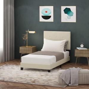 Furinno Laval Button Tufted Upholstered Platform Bed Frame, Twin, Glacier(Linen)
