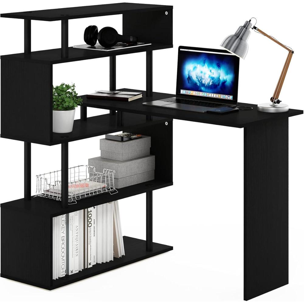 imageFurinno Abbott LShape Computer Desk with Bookshelf EspressoBlackAmericanoBlack
