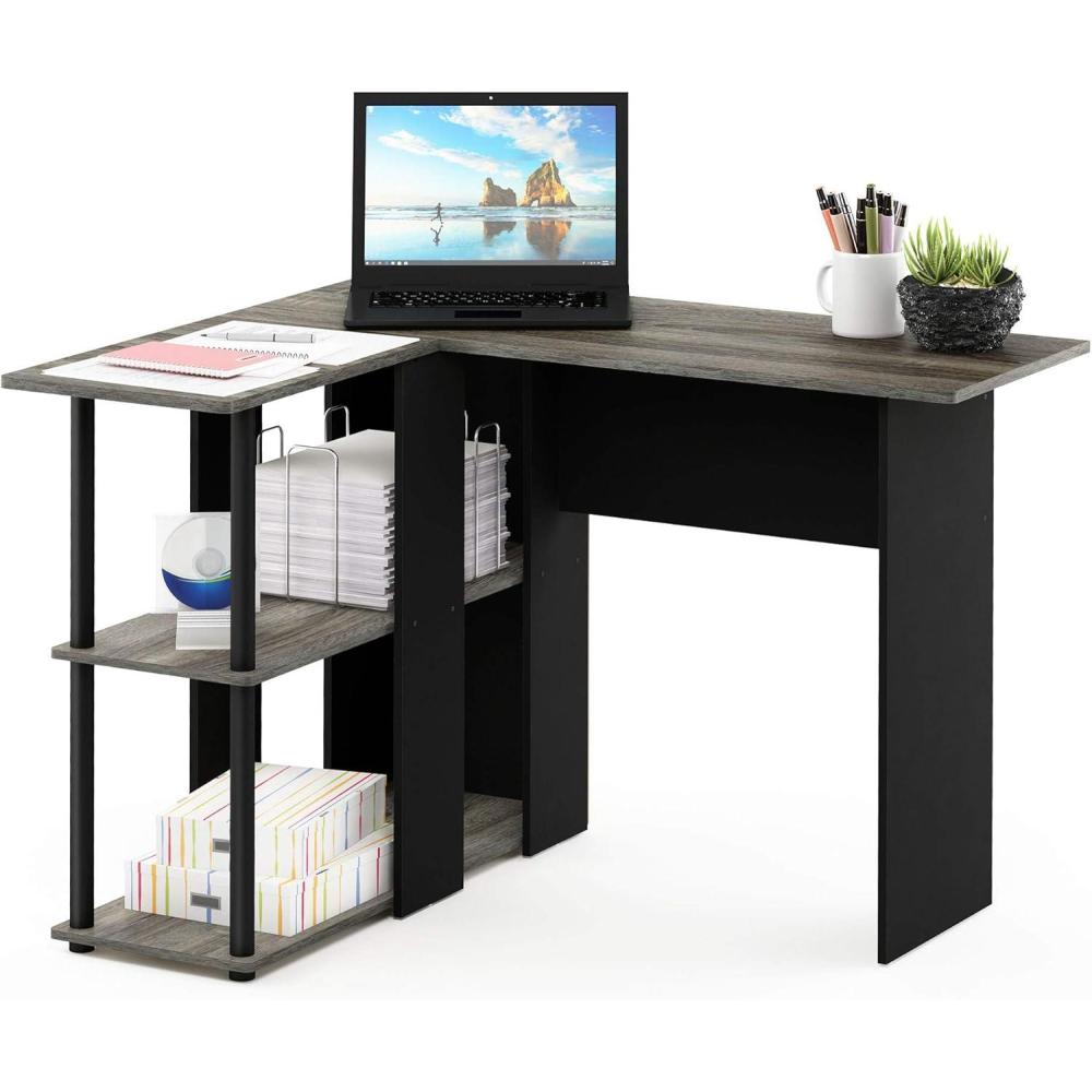 imageFurinno Abbott LShape Computer Desk with Bookshelf EspressoBlackFrench Oak GreyBlack