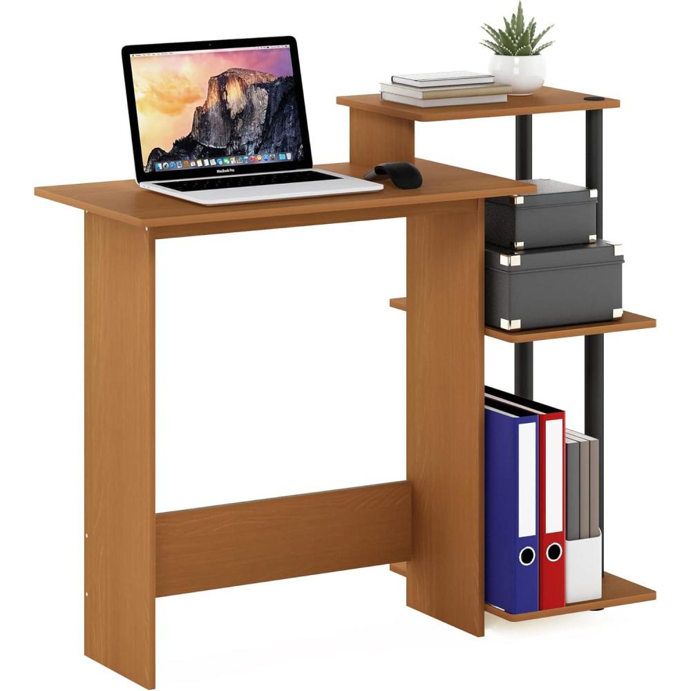 imageFurinno EFFICIENT Desk 286 Wide Gaming Desk with 3 Open Side Shelves Laptop Notebook Computer Desk Office Desk for Home Office Study Room Dorm Bedroom AmericanoLight CherryBlack