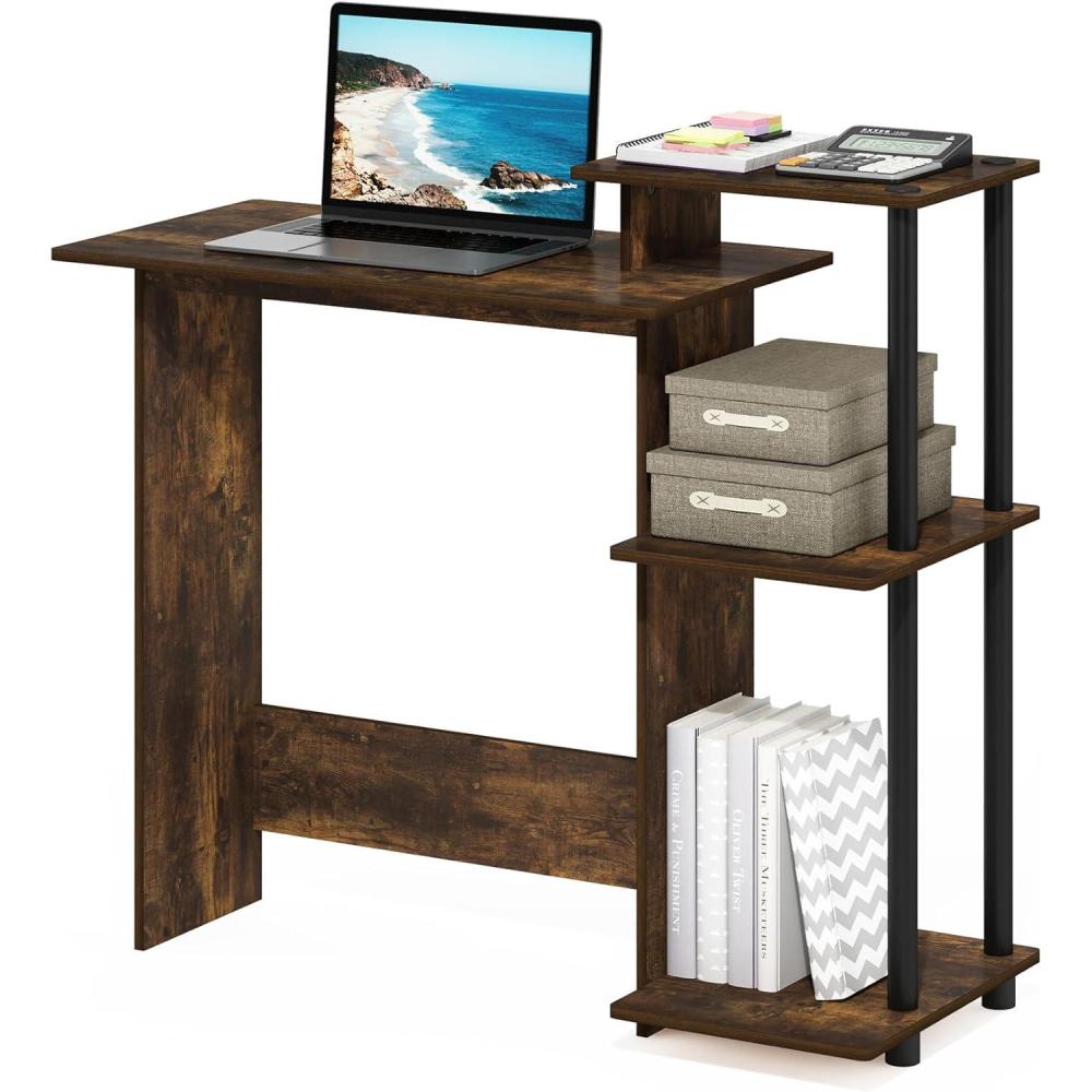 imageFurinno EFFICIENT Desk 286 Wide Gaming Desk with 3 Open Side Shelves Laptop Notebook Computer Desk Office Desk for Home Office Study Room Dorm Bedroom AmericanoAmber PineBlack