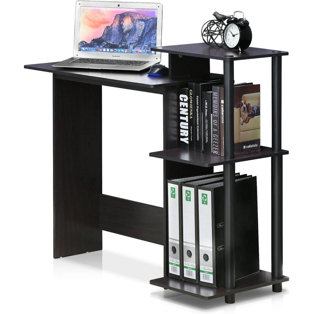 imageFurinno EFFICIENT Desk 286 Wide Gaming Desk with 3 Open Side Shelves Laptop Notebook Computer Desk Office Desk for Home Office Study Room Dorm Bedroom AmericanoDark Walnut