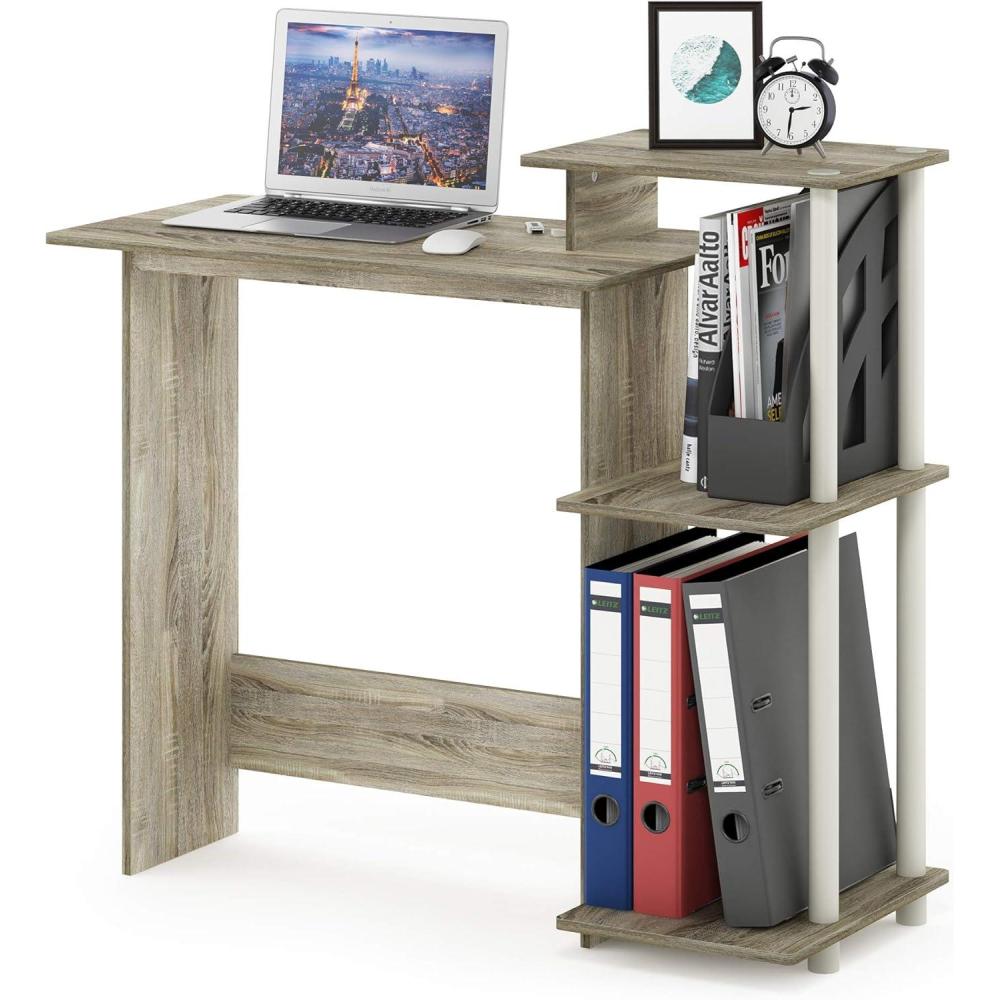 imageFurinno EFFICIENT Desk 286 Wide Gaming Desk with 3 Open Side Shelves Laptop Notebook Computer Desk Office Desk for Home Office Study Room Dorm Bedroom AmericanoSonoma OakWhite
