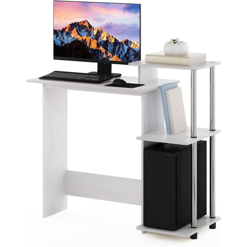 imageFurinno EFFICIENT Desk 286 Wide Gaming Desk with 3 Open Side Shelves Laptop Notebook Computer Desk Office Desk for Home Office Study Room Dorm Bedroom AmericanoWhite OakStainless Steel