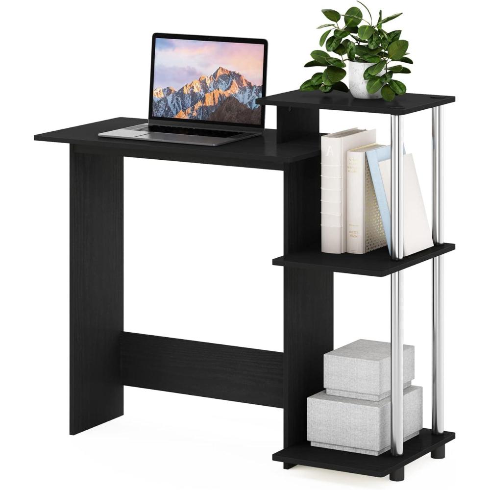 imageFurinno EFFICIENT Desk 286 Wide Gaming Desk with 3 Open Side Shelves Laptop Notebook Computer Desk Office Desk for Home Office Study Room Dorm Bedroom AmericanoAmericanoStainless Steel