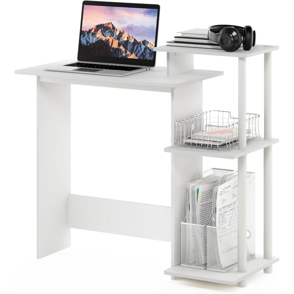 imageFurinno EFFICIENT Desk 286 Wide Gaming Desk with 3 Open Side Shelves Laptop Notebook Computer Desk Office Desk for Home Office Study Room Dorm Bedroom AmericanoWhiteWhite