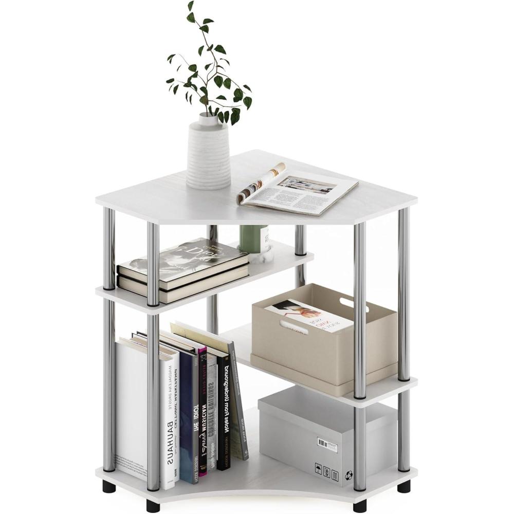 imageFurinno TURNNTUBE Desk Gaming Desk with Shelves Corner Computer Desk with Shelves Office Desk Space Saving For Home Office Bedroom Columbia WalnutWhite OakStainless Steel