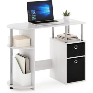 FURINNO Jaya Computer Study Desk with Bin, Brown(White Oak/Stainless Steel/Black)