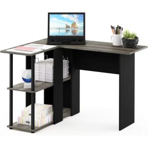 Furinno Abbott L-Shape Computer Desk with Bookshelf, Espresso/Black(French Oak Grey/Black)