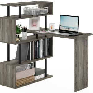 Furinno Abbott L-Shape Computer Desk with Bookshelf, Espresso/Black(French Oak/Black)
