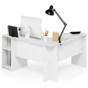 Furinno Abbott L-Shape Computer Desk with Bookshelf, Espresso/Black(White)