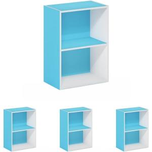 Furinno PASIR Book Shelf, 4-Tier Bookshelf, Bookcase with Open Shelf, 9.4 x 23.6 x 41.7, for Living Room, Bedroom, Home Office, Espresso(White/Light Blue)