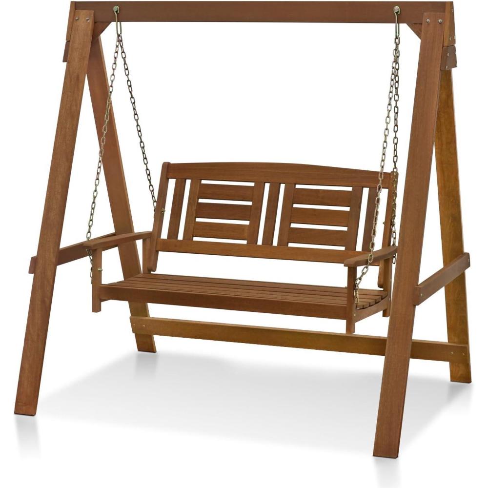 imageFurinno Tioman Hardwood Patio  Garden  Outdoor 4ft Porch Swing 2 Seater with Hanging Chains NaturalLight Wood