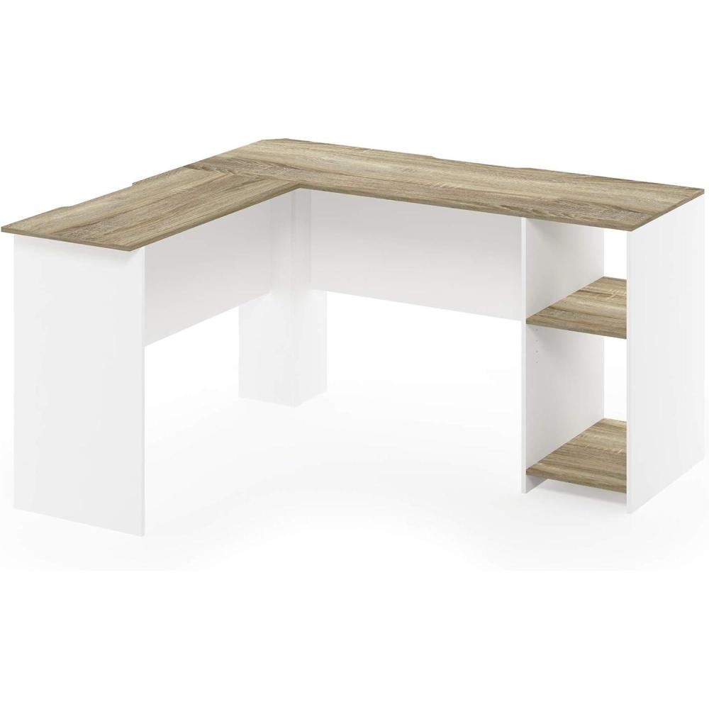 imageFurinno Indo LShaped Computer Desk with Bookshelf NaturalWhiteSonoma OakWhite