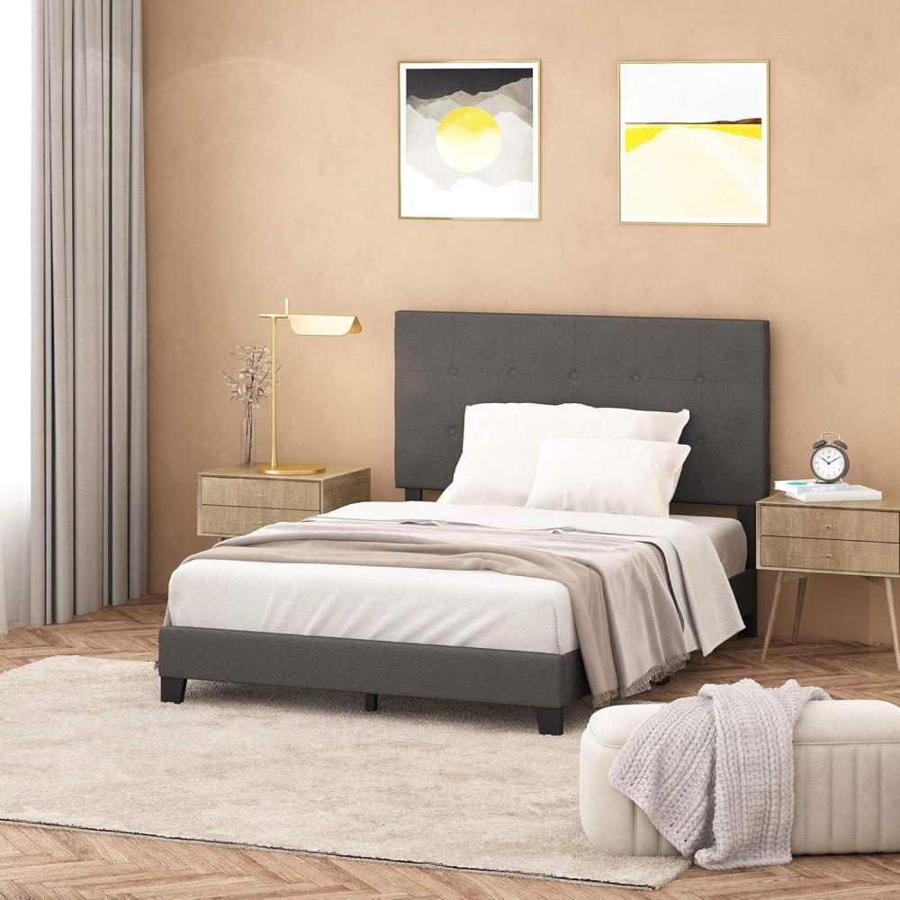 imageFurinno Laval Bed Frame Full Size Bedframe with Button Tufted Headboard Upholstered Bed with Legs 12pcs Wooden Slat Support Easy Assembly for Bedroom Dorm Dark Grey