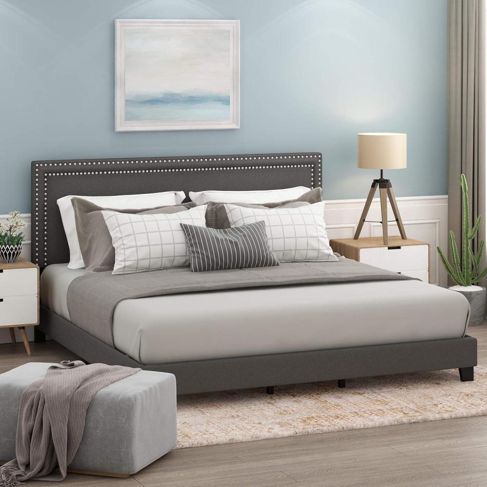imageFurinno Laval Bed Frame King Size Bedframe with Button Double Row Nail Head Headboard Upholstered Bed with Legs 12pcs Wooden Slat Support Easy Assembly for Bedroom Dorm Dark Grey