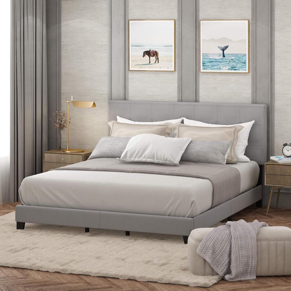 imageFurinno Laval Bed Frame King Size Bedframe with Button Tufted Headboard Upholstered Bed with Legs 12pcs Wooden Slat Support Easy Assembly for Bedroom Dorm Light GreyLight Grey