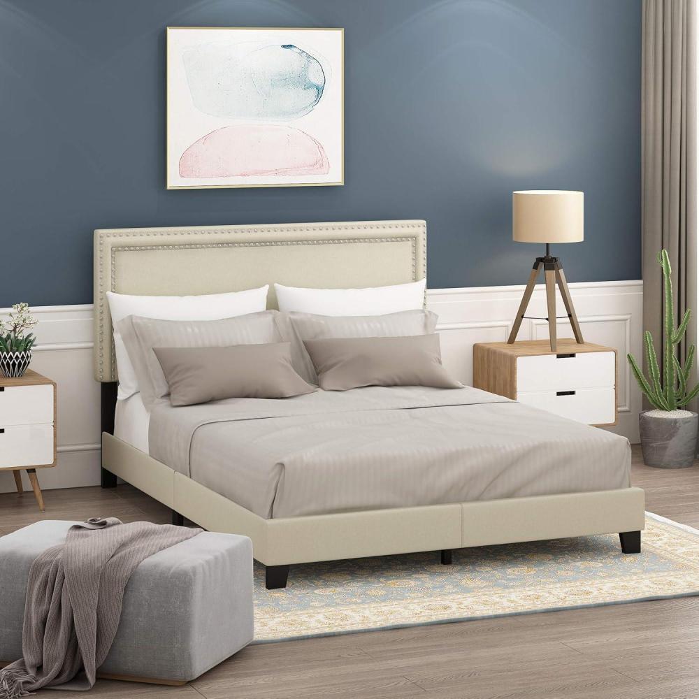 imageFurinno Laval Bed Frame Queen Size Bedframe with Button Double Row Nail Head Headboard Upholstered Bed with Legs 12pcs Wooden Slat Support Easy Assembly for Bedroom Dorm Light Linen