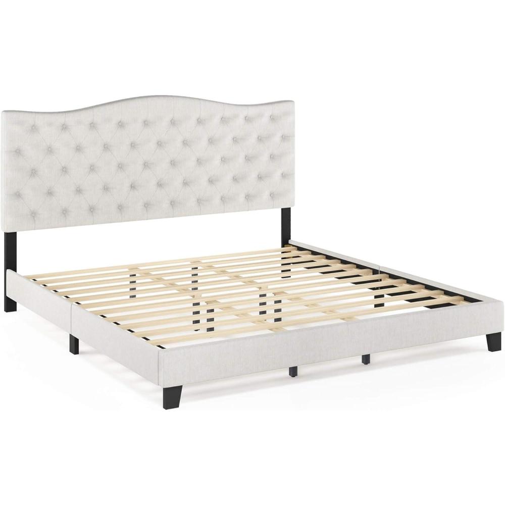imageFurinno Lille Button Tufted Bed Frame Twin BeigeKing