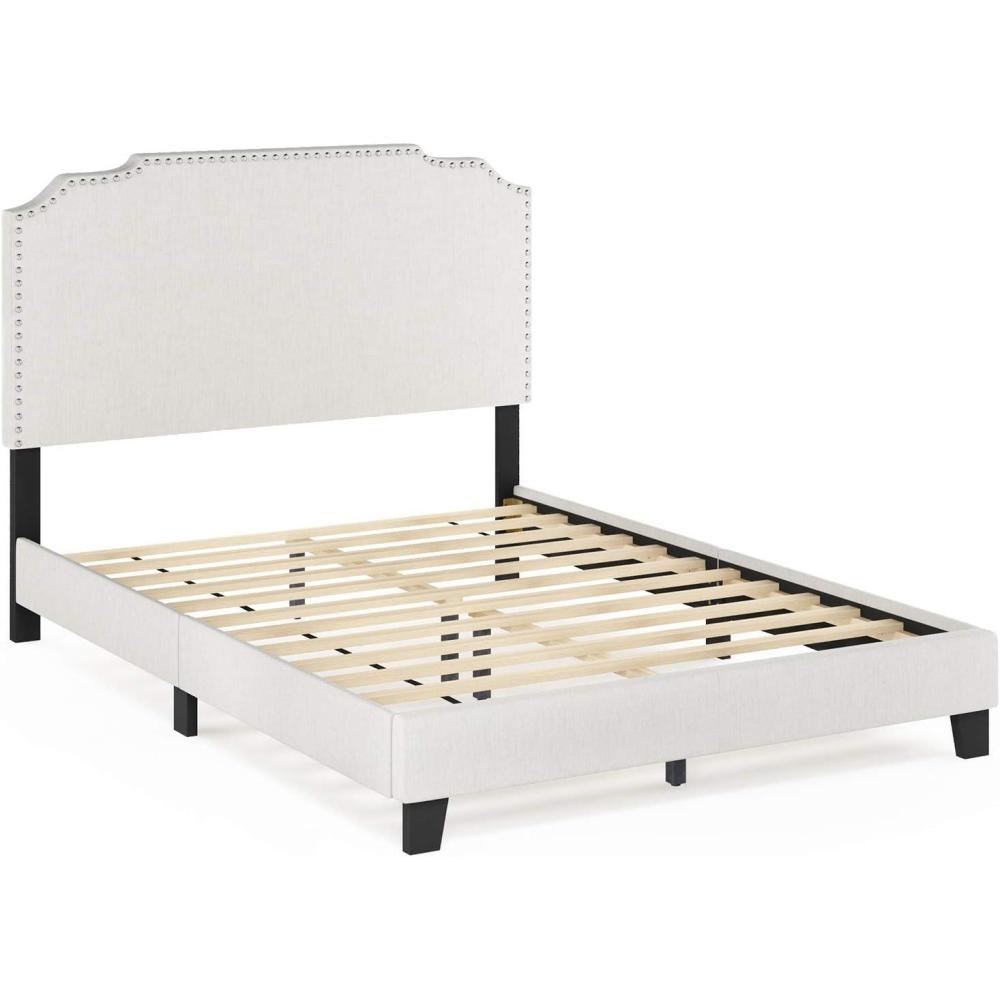 imageFurinno Lille Button Tufted Bed Frame Twin BeigeNailhead Trim  Full