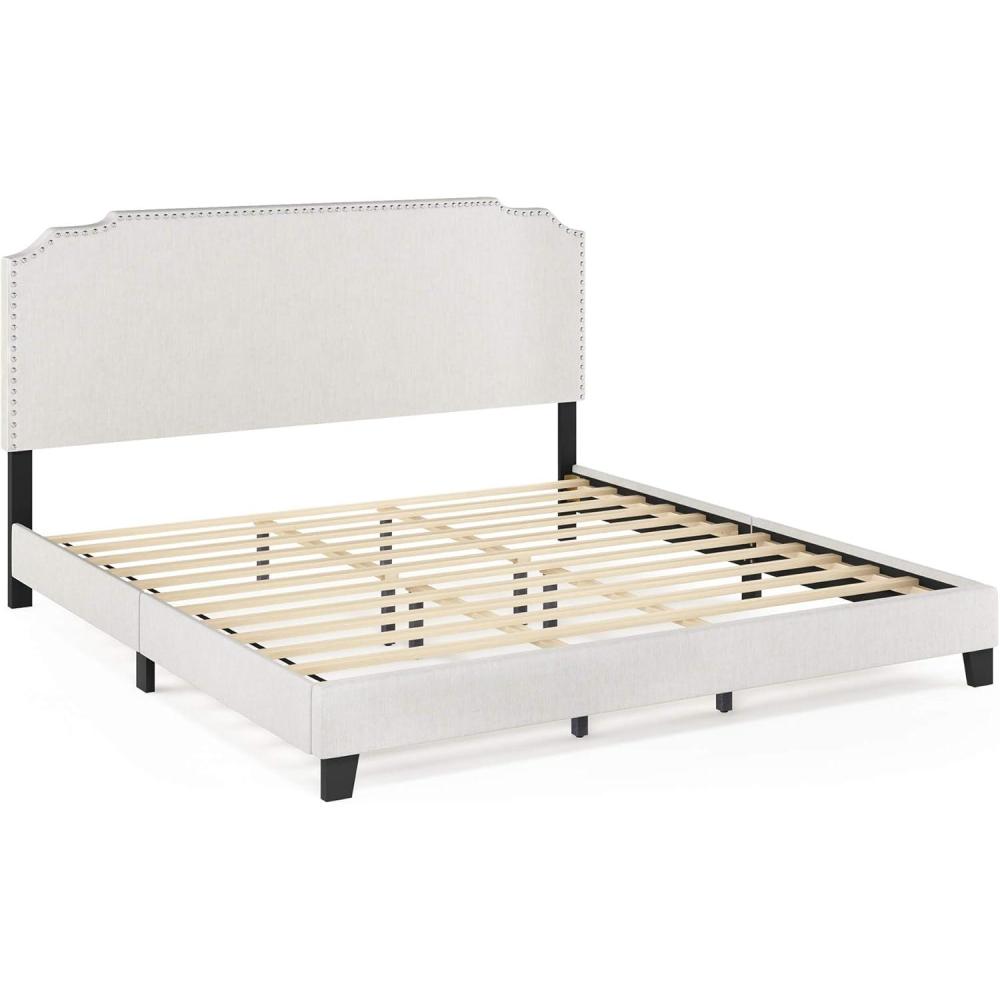 imageFurinno Lille Button Tufted Bed Frame Twin BeigeNailhead Trim  King