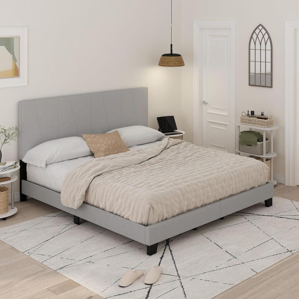 imageFurinno Lucy Bed Frame King Size Bedframe with Geometric Design Upholstered Headboard Bed with Adjustable Headboard No Box Spring Needed 12pcs Wooden Slat Support for Bedroom Dorm Light Grey