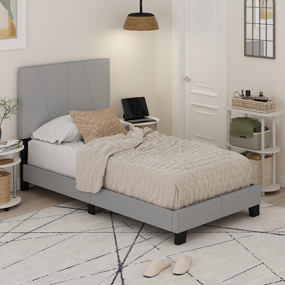 imageFurinno Lucy Bed Frame Twin Size Bedframe with Geometric Design Upholstered Headboard Bed with Adjustable Headboard No Box Spring Needed 12pcs Wooden Slat Support for Bedroom Dorm Light Grey
