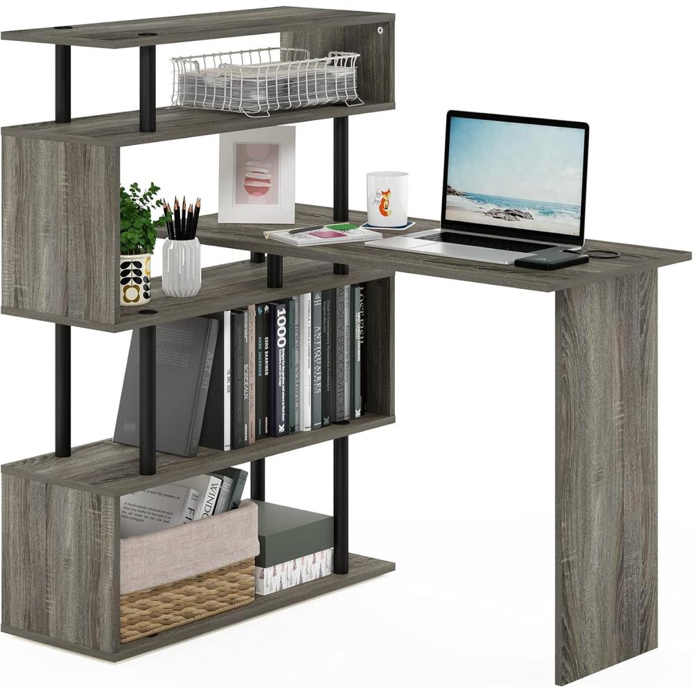 imageFurinno Moore LShape Computer Desk with 5Tier Shelves AmericanoFrench OakBlack