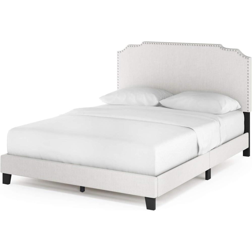 imageFurinno Nadia Bed Frame Queen Size Bedframe with Nailhead Trim Headboard Bed with Legs 12pcs Wooden Slat Support Easy Assembly for Bedroom Dorm Beige