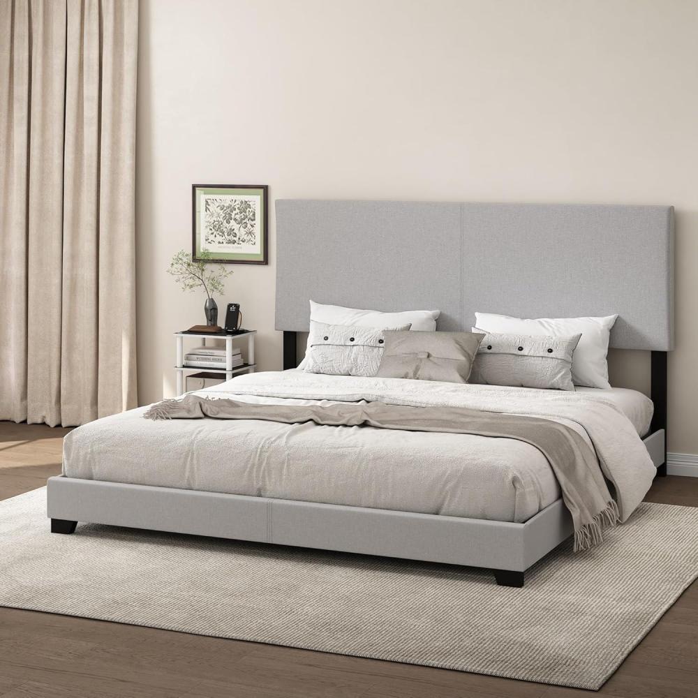imageFurinno PESSAC Bed Frame King Size Bedframe with Fabric Upholstered Headboard Bed with Legs Wooden Slat Support Easy Assembly for Bedroom Dorm Light Grey