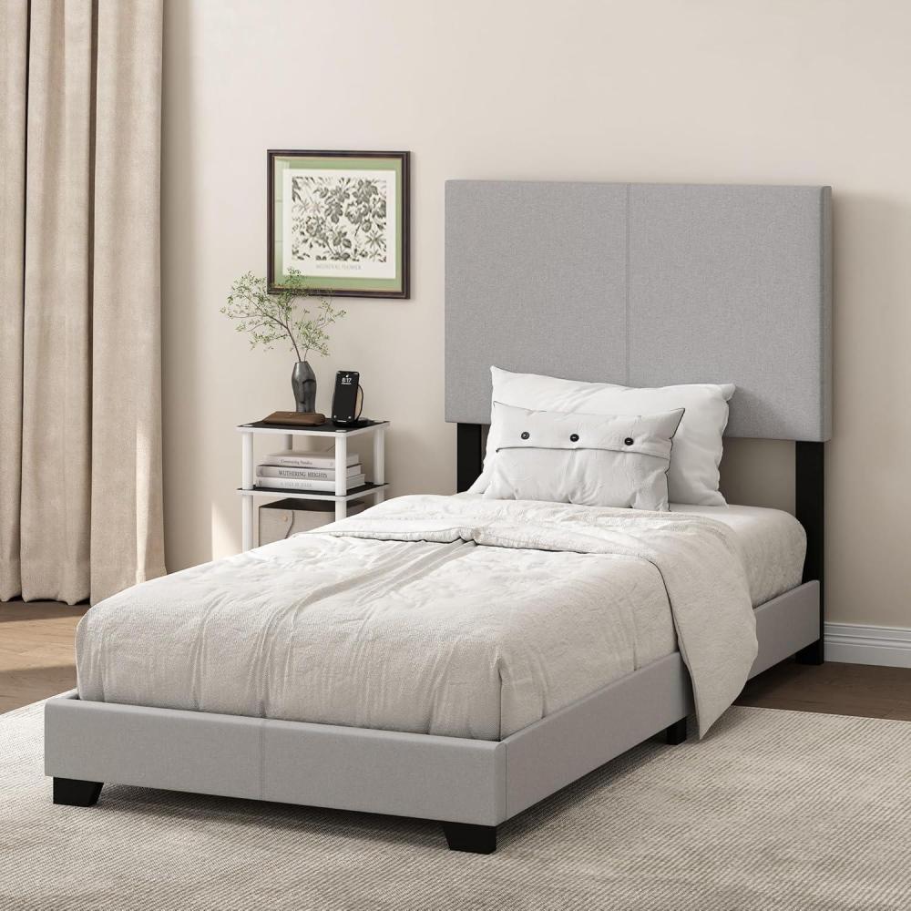 imageFurinno PESSAC Bed Frame Twin XL Size Bedframe with Fabric Upholstered Headboard Bed with Legs Wooden Slat Support Easy Assembly for Bedroom Dorm Light Grey