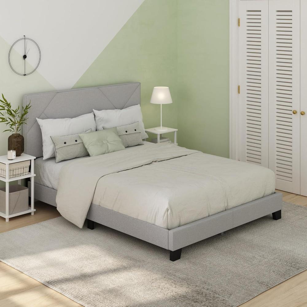 imageFurinno SKYLAR Bed Frame Queen Size Bedframe with Geometric Design Upholstered Headboard Bed with Adjustable Headboard No Box Spring Needed 12pcs Wooden Slat Support for Bedroom Dorm Light Grey
